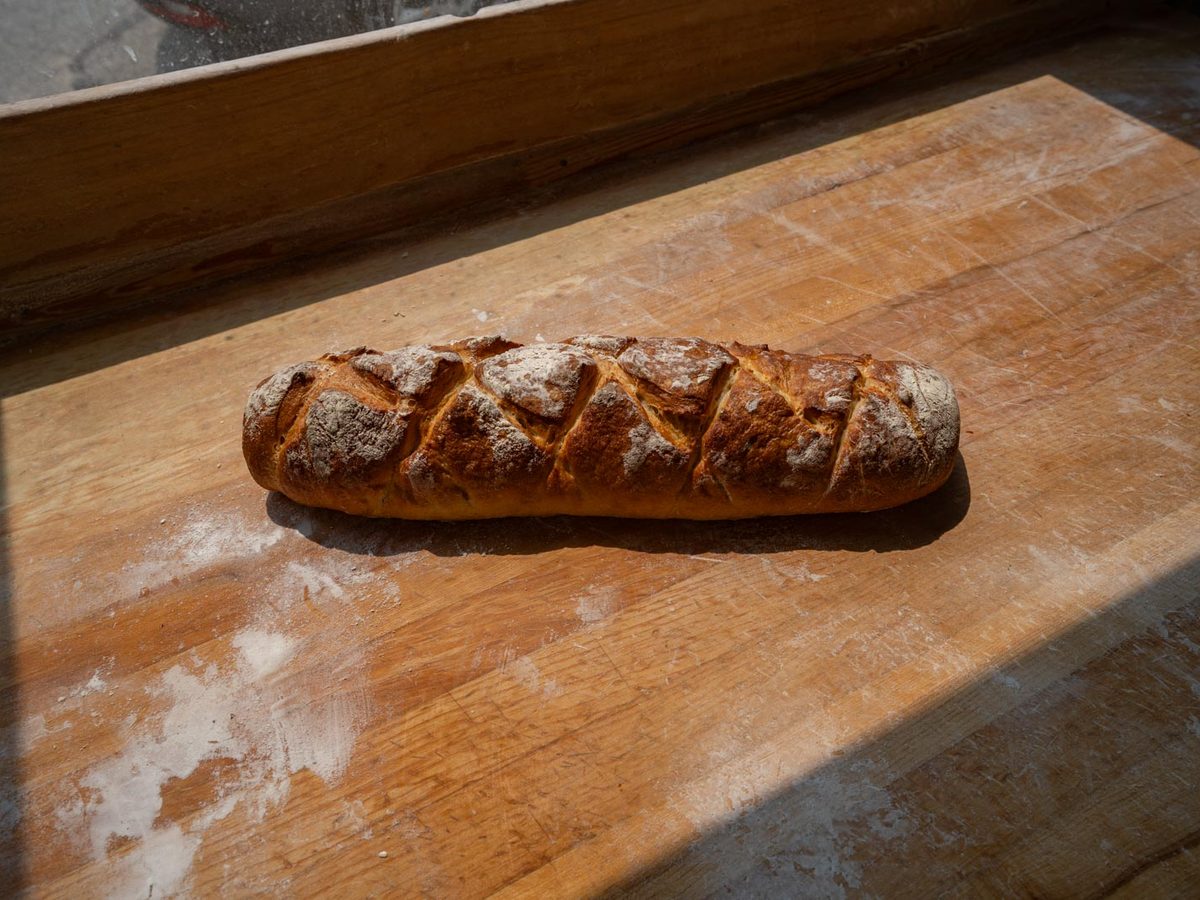 A scored loaf of crocodile bread dusted with flour